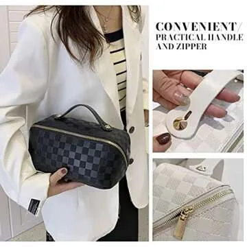 Niumike Large Capacity Travel Cosmetic Bags for Women - PU Leather Small Cute Plaid Checkered Makeup Bag Organizer Waterproof Portable Travel Toiletry Bag (White)