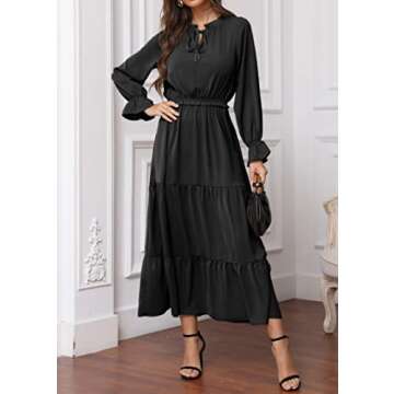 KIRUNDO Womens Spring Dresses 2024 Casual Long Sleeve Tie Crew Neck Ruffle Maxi Dress Empire Waist Boho Flowy Long Dress(Black, Large)