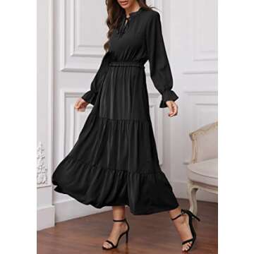 KIRUNDO Womens Spring Dresses 2024 Casual Long Sleeve Tie Crew Neck Ruffle Maxi Dress Empire Waist Boho Flowy Long Dress(Black, Large)
