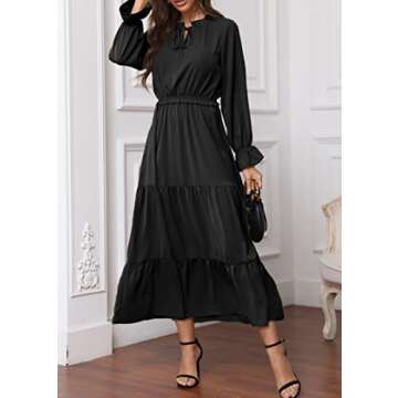 KIRUNDO Womens Spring Dresses 2024 Casual Long Sleeve Tie Crew Neck Ruffle Maxi Dress Empire Waist Boho Flowy Long Dress(Black, Large)