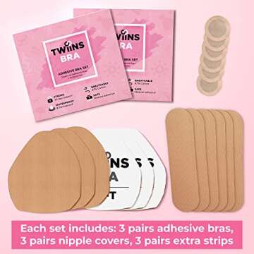 TwiinsBra Breast Lift Tape - 3 Pairs w/Nipple Covers - Boob Tape - Boobtape (Caramel, C-D)
