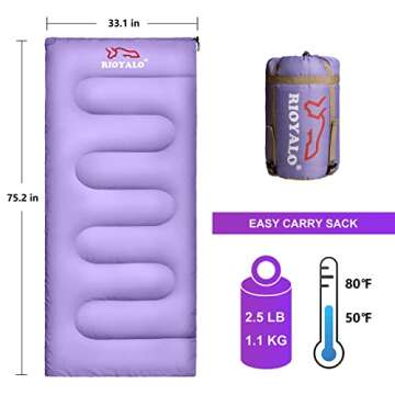 RIOYALO Ultralight Camping Sleeping Bag for Adults Youth | Compact Lightweight Portable | 3 Season Warm & Cool Weather Backpacking Hiking Travel | Waterproof W. Compression Sack | Purple/Yellow-75X33