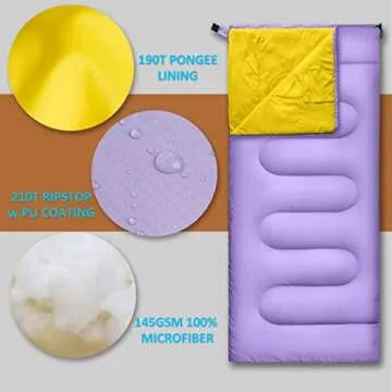 RIOYALO Ultralight Camping Sleeping Bag for Adults Youth | Compact Lightweight Portable | 3 Season Warm & Cool Weather Backpacking Hiking Travel | Waterproof W. Compression Sack | Purple/Yellow-75X33