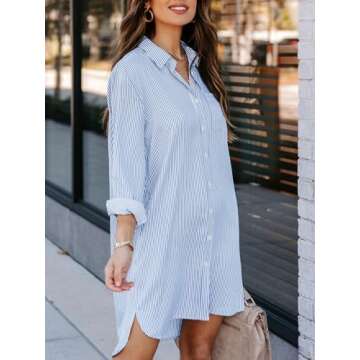 Aoudery Womens Button Down Shirt Dresses with Pockets Cotton Shirts Collared Tunics Long Sleeve High...