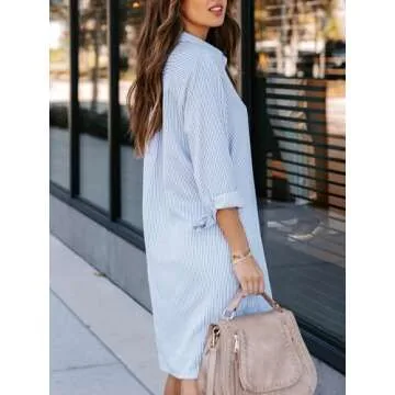 Aoudery Womens Button Down Shirt Dresses with Pockets Cotton Shirts Collared Tunics Long Sleeve High Low Blouse Tops-Light Blue M