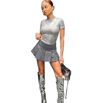 ANKOMINA Women Metallic Silver Crop Tops Short Sleeve Round Neck T Shirt Tee Blouse Y2k Clothes for ...