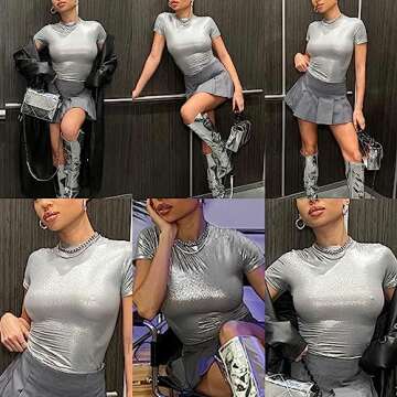 ANKOMINA Women Metallic Silver Crop Tops Short Sleeve Round Neck T Shirt Tee Blouse Y2k Clothes for Streetwear Night Club
