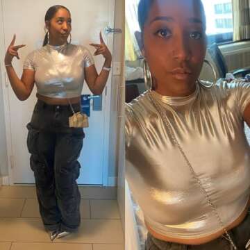 ANKOMINA Women Metallic Silver Crop Tops Short Sleeve Round Neck T Shirt Tee Blouse Y2k Clothes for Streetwear Night Club