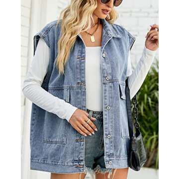 Zontroldy Denim Jean Vest for Women Oversized Sleeveless Button Down Denim Jean Vest Waistcoat Shacket Jacket (0170-Blue-S)