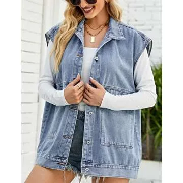 Zontroldy Denim Jean Vest for Women Oversized Sleeveless Button Down Denim Jean Vest Waistcoat Shacket Jacket (0170-Blue-S)