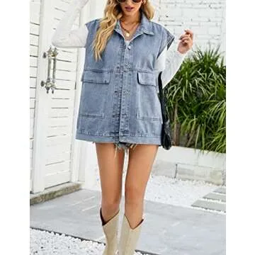 Zontroldy Denim Jean Vest for Women Oversized Sleeveless Button Down Denim Jean Vest Waistcoat Shacket Jacket (0170-Blue-S)