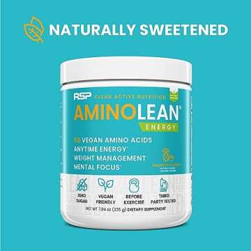 RSP NUTRITION AminoLean Natural Pre Workout Powder - Vegan, No Sugar, Pineapple Coconut, 25 Serv
