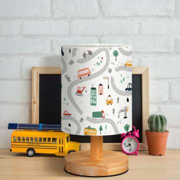 VIHOSE Transportation Kids Table Lamp for Bedroom Kids Bedside Lamp with Linen Wooden Nightstand Lam...