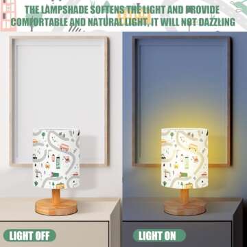 VIHOSE Transportation Kids Table Lamp for Bedroom Kids Bedside Lamp with Linen Wooden Nightstand Lamp Cartoon Nursery Lamp Lampshade for Girls Boys Living Room