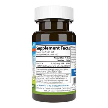 Carlson - Vitamin A, 25000 IU, Vision & Skin Health, Immune Function, 100 Soft Gels