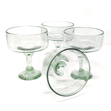 Dos Sueños Mexican Hand Blown Glass – Set of 4 Natural Clear Hand Blown Margarita Glasses (16 oz)
