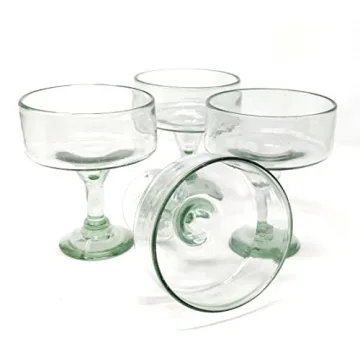 Dos Sueños Mexican Hand Blown Glass – Set of 4 Natural Clear Hand Blown Margarita Glasses (16 oz)