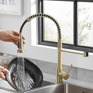 OWOFAN Kitchen Faucets with Pull Down Sprayer 304 Stainless Steel Industrial Single Handle One Hole Faucet for Farmhouse Camper Laundry Utility Rv Wet Bar Sinks Gold 9009K