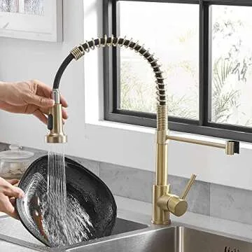 OWOFAN Kitchen Faucets with Pull Down Sprayer 304 Stainless Steel Industrial Single Handle One Hole Faucet for Farmhouse Camper Laundry Utility Rv Wet Bar Sinks Gold 9009K