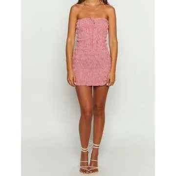 Just Quella Women Summer Strapless Tube Bodycon Mini Dress (US 0-2) Red Plaid