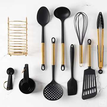 Black and Gold Kitchen Utensils Set with Stainless Steel Holder – 18-Piece Nylon Cooking Utensils ...
