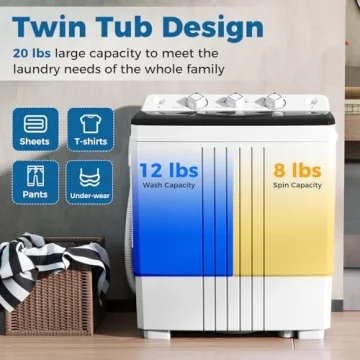 COSTWAY Portable Washing Machine, Twin Tub 20 Lbs Capacity, Laundry Washer 12 Lbs and Spinner 8 Lbs with Drain Pump, Timer Control, Perfect for Apartment Dorm RV, Black