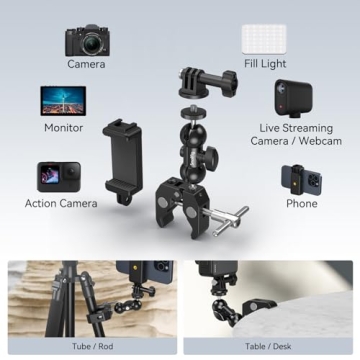 SMALLRIG Camera Mount Clamp Kit, Ball Head Magic Arm with Clamp, Super Clamp with Non-Slip Threads, for Gopro, Webcam, Camera, Phone, Monitor and Light