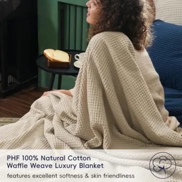 PHF 100% Cotton Waffle Weave Blanket Queen Size Cozy Lightweight