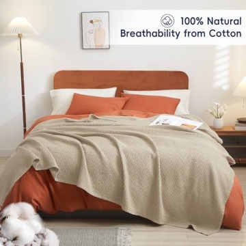 PHF 100% Cotton Waffle Weave Blanket Queen Size Cozy Lightweight