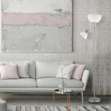 Globe Electric 67134 72" Torchiere Floor Lamp + Adjustable Reading Light, Silver, Frosted Plastic Shade, 3-Step Rotary Switch on Socket, Living Room Décor, Reading Light, Home Essentials, Bedroom