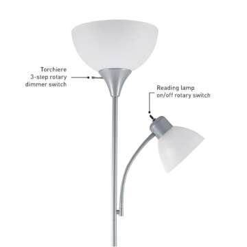 Globe Electric 67134 72" Torchiere Floor Lamp + Adjustable Reading Light, Silver, Frosted Plastic Shade, 3-Step Rotary Switch on Socket, Living Room Décor, Reading Light, Home Essentials, Bedroom