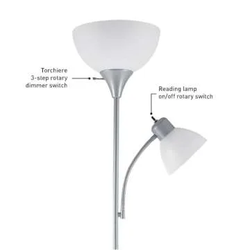Globe Electric 67134 72" Torchiere Floor Lamp + Adjustable Reading Light, Silver, Frosted Plastic Shade, 3-Step Rotary Switch on Socket, Living Room Décor, Reading Light, Home Essentials, Bedroom