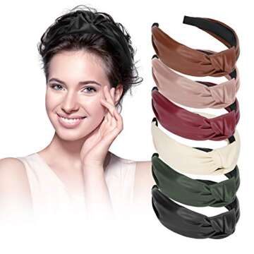 Welltop 6 PCS Knotted Headbands for Women, Wide PU Leather Headband Comfortable Top Knot Thick Turban Hairband Fashion Cross Hairbands Non Slip, Elastic Hoops Hair Accessories for Womens and Girls