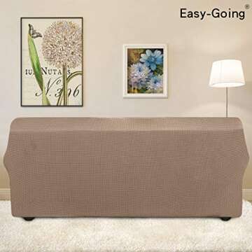 Easy-Going Stretch 4 Seater Sofa Slipcover 1-Piece Sofa Cover Furniture Protector Couch Soft with Elastic Bottom for Kids, Polyester Spandex Jacquard Fabric Small Checks Camel
