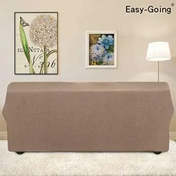 Easy-Going Stretch 4 Seater Sofa Slipcover 1-Piece Sofa Cover Furniture Protector Couch Soft with Elastic Bottom for Kids, Polyester Spandex Jacquard Fabric Small Checks Camel