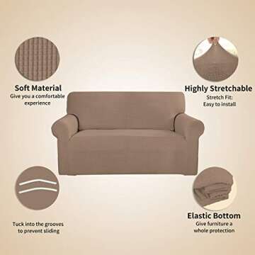 Easy-Going Stretch 4 Seater Sofa Slipcover 1-Piece Sofa Cover Furniture Protector Couch Soft with Elastic Bottom for Kids, Polyester Spandex Jacquard Fabric Small Checks Camel