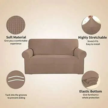 Easy-Going Stretch 4 Seater Sofa Slipcover 1-Piece Sofa Cover Furniture Protector Couch Soft with Elastic Bottom for Kids, Polyester Spandex Jacquard Fabric Small Checks Camel