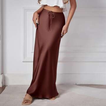 Long Silk Skirt Women's Spring Summer Satin Silk High Waist Drawstring Ruffle A Line Long Maxi Skirt Tulip Satin Skirt for Beach Evening Party Prom Gown Reception Holiday Skirt Chocolate Brown M