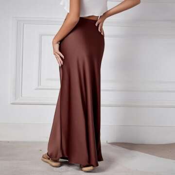Long Silk Skirt Women's Spring Summer Satin Silk High Waist Drawstring Ruffle A Line Long Maxi Skirt Tulip Satin Skirt for Beach Evening Party Prom Gown Reception Holiday Skirt Chocolate Brown M