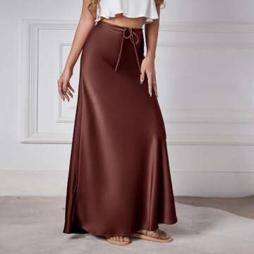 Long Silk Skirt Women's Spring Summer Satin Silk High Waist Drawstring Ruffle A Line Long Maxi Skirt Tulip Satin Skirt for Beach Evening Party Prom Gown Reception Holiday Skirt Chocolate Brown M