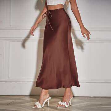 Long Silk Skirt Women's Spring Summer Satin Silk High Waist Drawstring Ruffle A Line Long Maxi Skirt Tulip Satin Skirt for Beach Evening Party Prom Gown Reception Holiday Skirt Chocolate Brown M