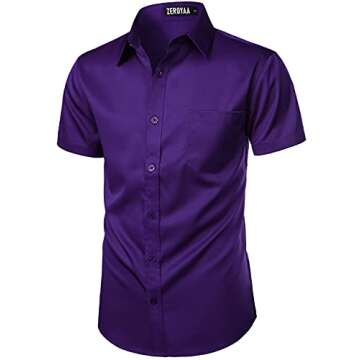 ZEROYAA Men's Casual Urban Stylish Slim Fit Short Sleeve Button Up Dress Shirt with Pocket ZLSC15 Purple X-Large