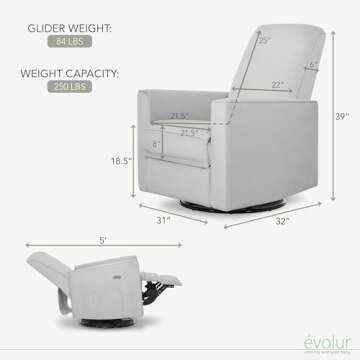 Evolur Harlow Deluxe Upholstered Plush Seating Glide Rocker, Swivel, Power Recliner with USB Port, Greenguard Gold Certified, Glider Chair for Nursery in Misty Grey