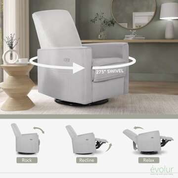 Evolur Harlow Deluxe Upholstered Plush Seating Glide Rocker, Swivel, Power Recliner with USB Port, Greenguard Gold Certified, Glider Chair for Nursery in Misty Grey