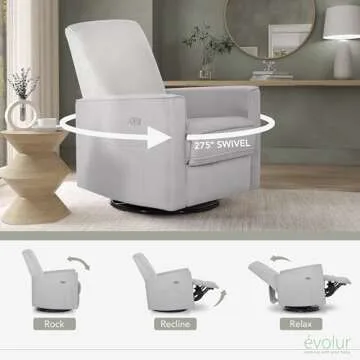 Evolur Harlow Deluxe Upholstered Plush Seating Glide Rocker, Swivel, Power Recliner with USB Port, Greenguard Gold Certified, Glider Chair for Nursery in Misty Grey