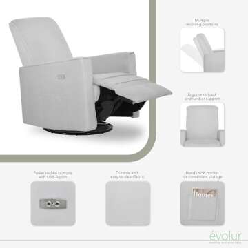 Evolur Harlow Deluxe Upholstered Plush Seating Glide Rocker, Swivel, Power Recliner with USB Port, Greenguard Gold Certified, Glider Chair for Nursery in Misty Grey