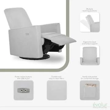 Evolur Harlow Deluxe Upholstered Plush Seating Glide Rocker, Swivel, Power Recliner with USB Port, Greenguard Gold Certified, Glider Chair for Nursery in Misty Grey
