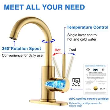 Elegant Brushed Gold Bathroom Faucet with 360° Swivel Design and Easy Installation