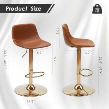 Adjustable Bar Stools Set of 2 - Stylish Mid Century Modern with Back Support
