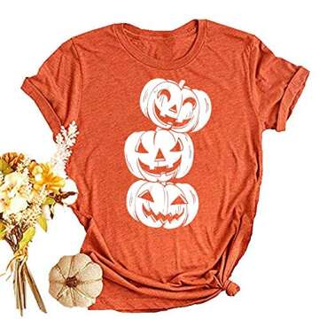 EIGIAGWNG Womens Fall Pumpkin T-Shirts Funny Short Sleeve Halloween Graphic Tees Tops (Orange, XXL)